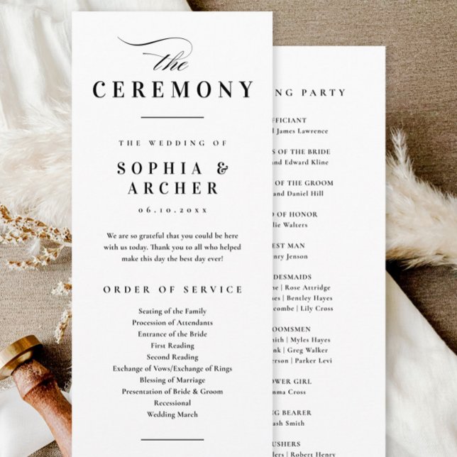 Programa Casamento em Preto e Branco com Caligrafia Elegant (Elegant simple black and white wedding ceremony program.)
