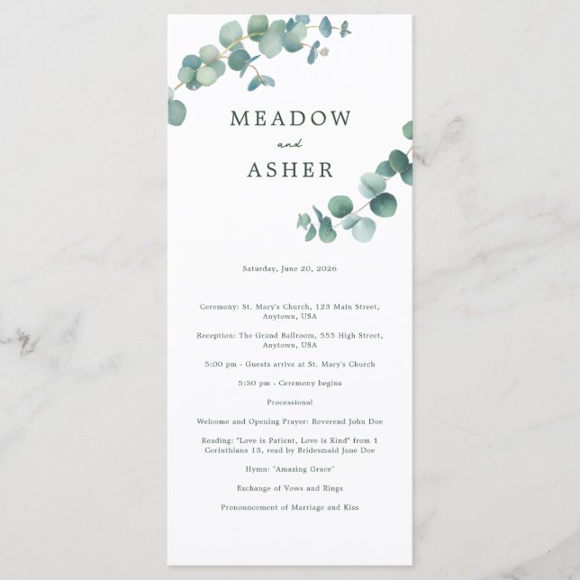 Programa Casamento Eucalyptus Adelaide Watercolor (Frente)