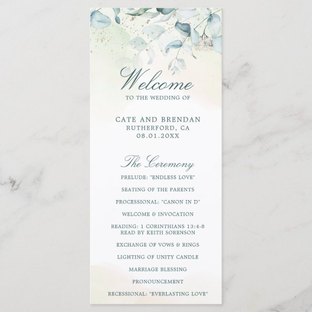 Programa Casamento Eucalyptus Elegante Greenery Watercolor (Frente)