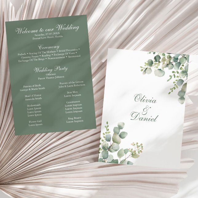 Programa Casamento Eucalyptus Moderno (Modern Greenery Eucalyptus Wedding Program on a sunny neutral dry palm leaf.)