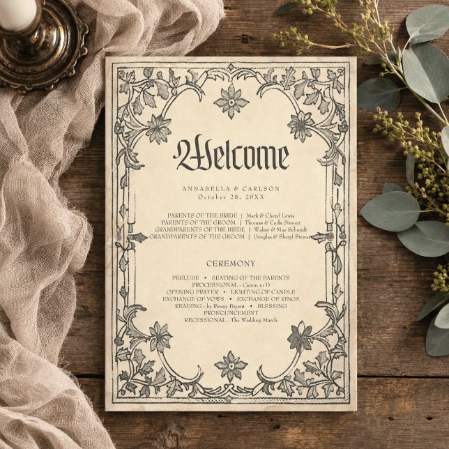 Programa Casamento Fantasia Medieval Preto Vintage Gravura (Criador carregado)