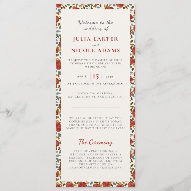 Programa Casamento Flor de Rosa Vermelha Dourada Elegante E (Frente)