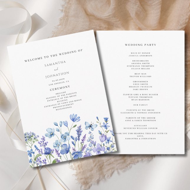 Programa Casamento Floral Aquarela Flor Silvestre Azul  (Criador carregado)