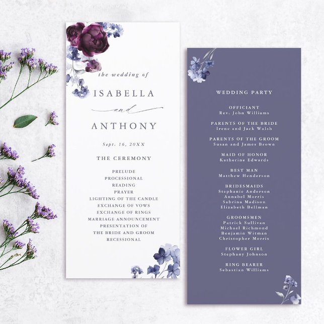 Programa Casamento Floral Azul-Indígo e Roxo-Púrpura (Front & Back)