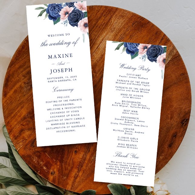 Programa Casamento Floral Azul Marinho e Bege (Navy blue and blush floral wedding program guides guests with elegant style.)