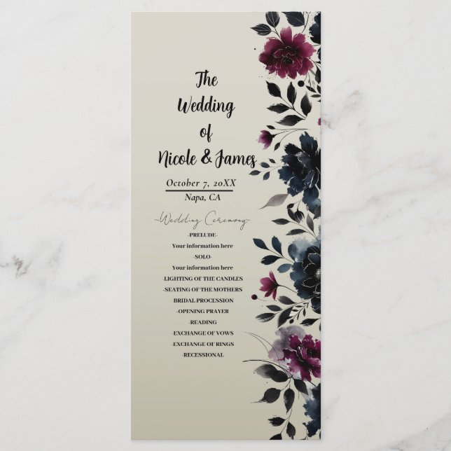 Programa Casamento Floral Azul Meia-Noite Borgonha Amêndoa (Frente)