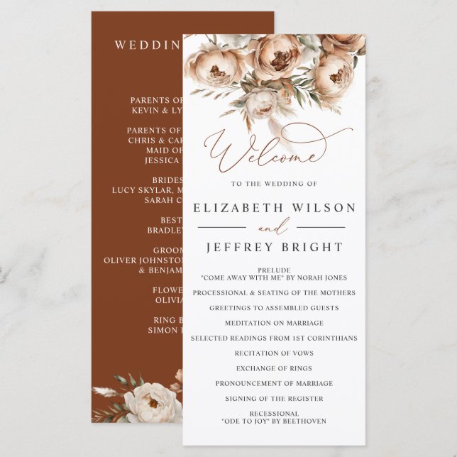 Programa Casamento Floral Boho Outono Pampas Terracota Rúst (Frente/Verso)