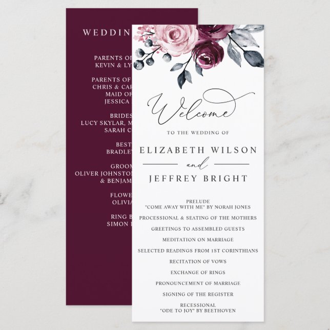 Programa Casamento Floral Botânico Moderno Elegante Bordeau (Frente/Verso)