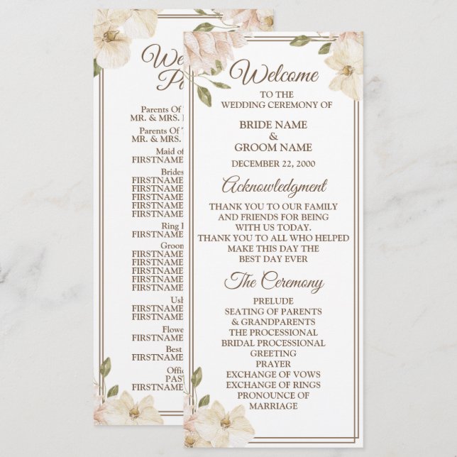 Programa Casamento Floral Branco Rosa Quadro Folhagem Moder (Frente/Verso)
