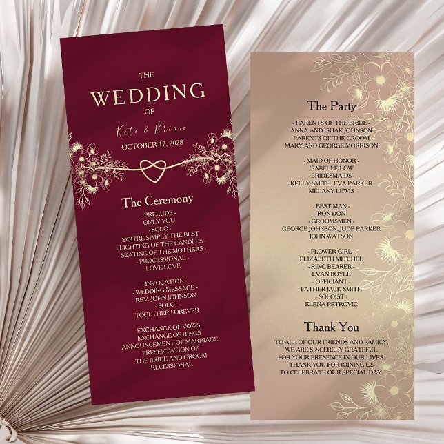 Programa Casamento Floral Burgundy Elegante Dourado (Criador carregado)