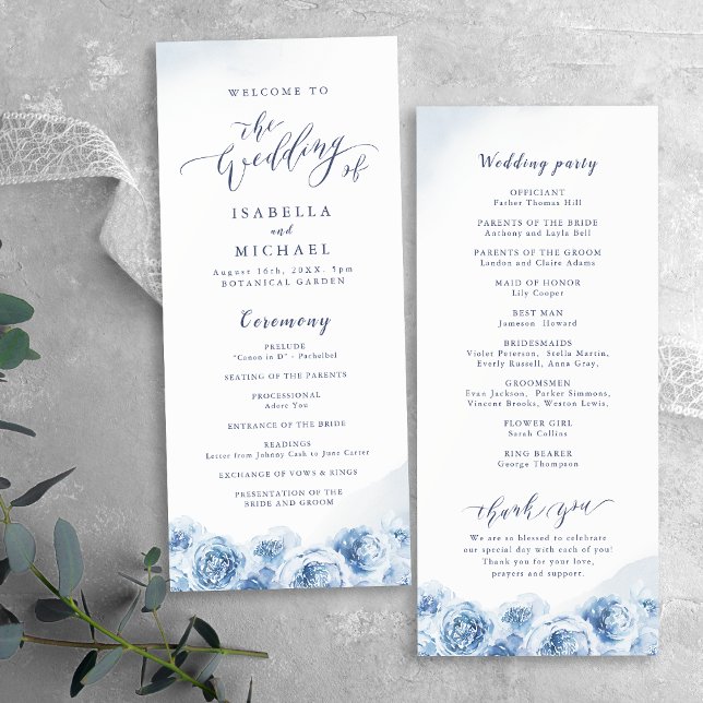 Programa Casamento floral com cor azul-d'água da caligrafia (Elegant calligraphy blue watercolor floral wedding program)