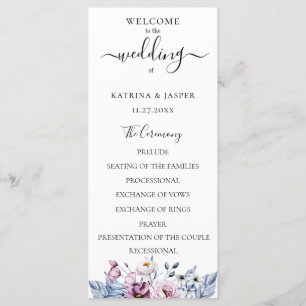 Programa Casamento Floral de Aquarela Azul Empoeirado Rosa