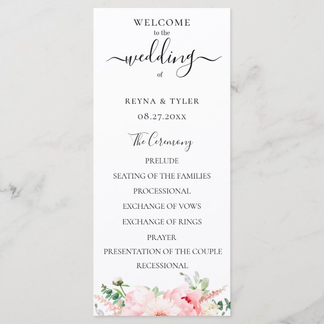 Programa Casamento Floral de Aquarela Rosa Cor-de-Rosa (Frente)