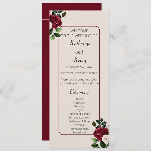 Programa Casamento Floral de Burgandy Ivory Cream (Frente/Verso)