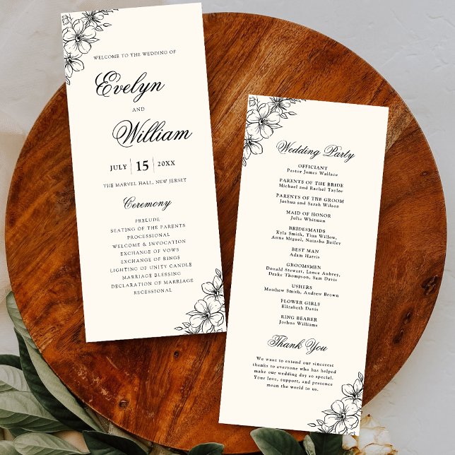 Programa Casamento Floral de Caligrafia Moderna Elegante (Elegant floral wedding program with modern calligraphy and timeless elegance.)