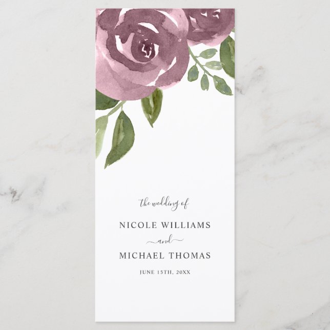 Programa Casamento Floral de Elegante Dusty Mauve Watercolo (Frente)