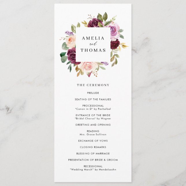 Programa Casamento Floral de Outono em Aquarela Burgundy e  (Frente)