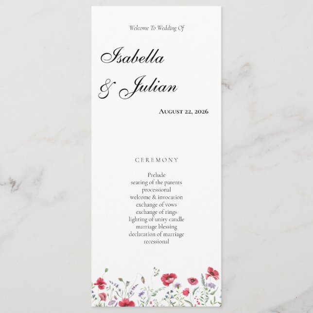 Programa Casamento Floral de Papoula e Lavanda em Aquarela (Frente)