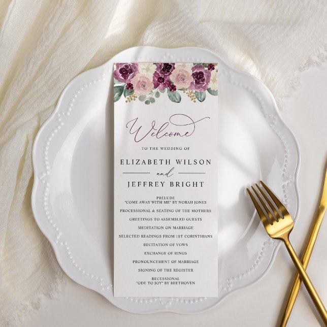 Programa Casamento Floral de Plum Botânico Moderno Elegante (Elegant Modern Botanical Plum Floral Wedding Program)