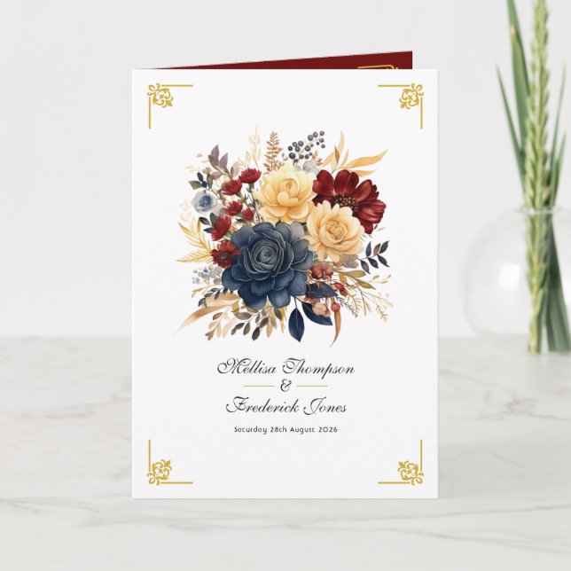 Programa Casamento Floral Dourado, Azul Marinho e Burgundy (Frente)