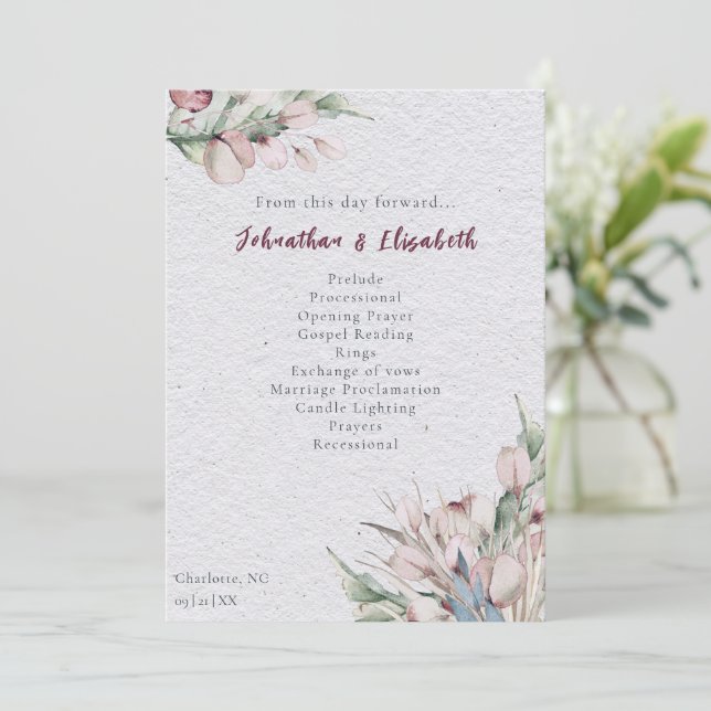 Programa Casamento Floral e Botânico de Watercolor Boho (Em pé/Frente)
