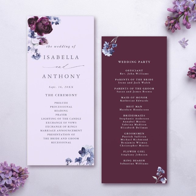 Programa Casamento Floral Elegante Azul de ameixa e Indigo (Front & Back)