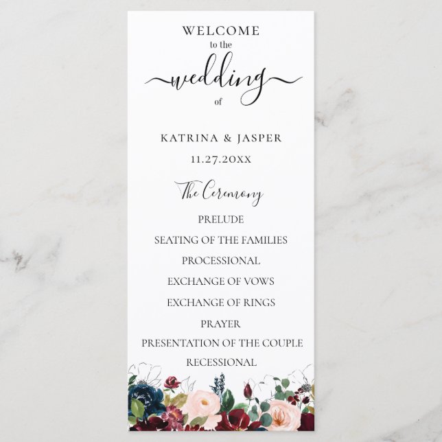 Programa Casamento Floral em Aquarela Azul Marinho Bege Bor (Frente)