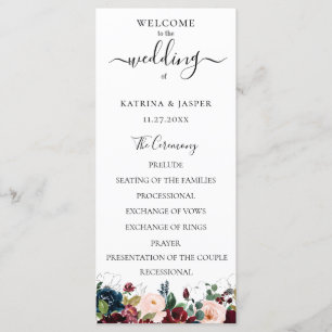 Programa Casamento Floral em Aquarela Azul Marinho Bege Bor