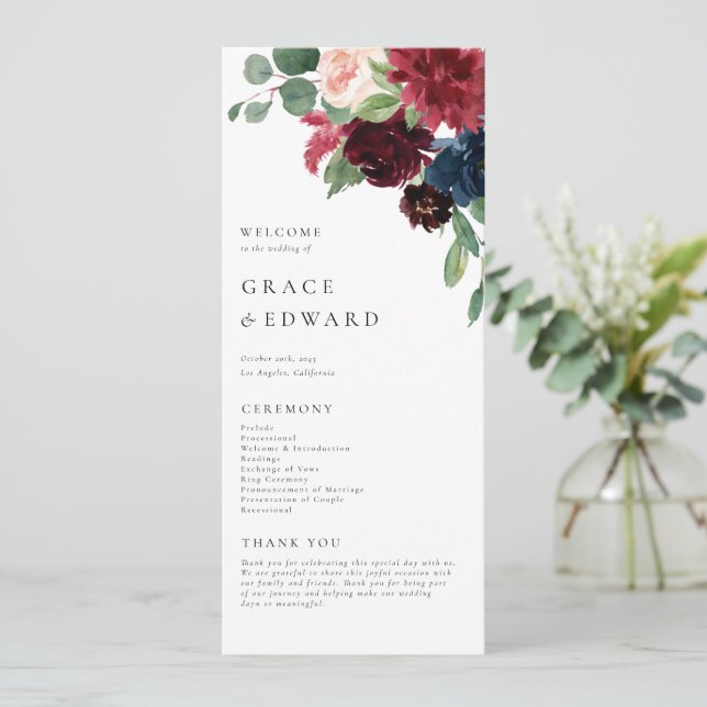 Programa Casamento Floral em Aquarela Burgundy e Azul Naval (Em pé/Frente)