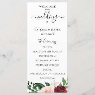 Programa Casamento Floral em Aquarela com Bege e Borgonha