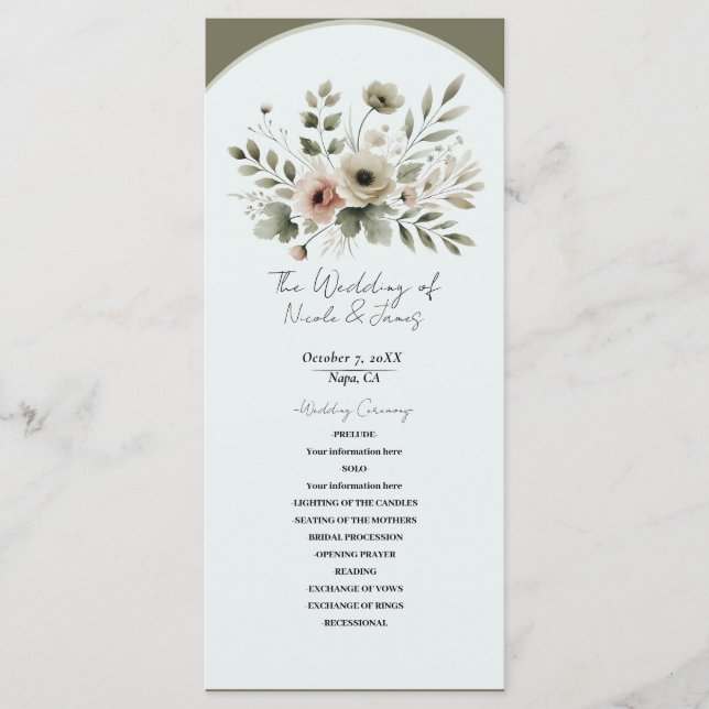 Programa Casamento Floral em Aquarela Verde Oliva Caqui (Frente)