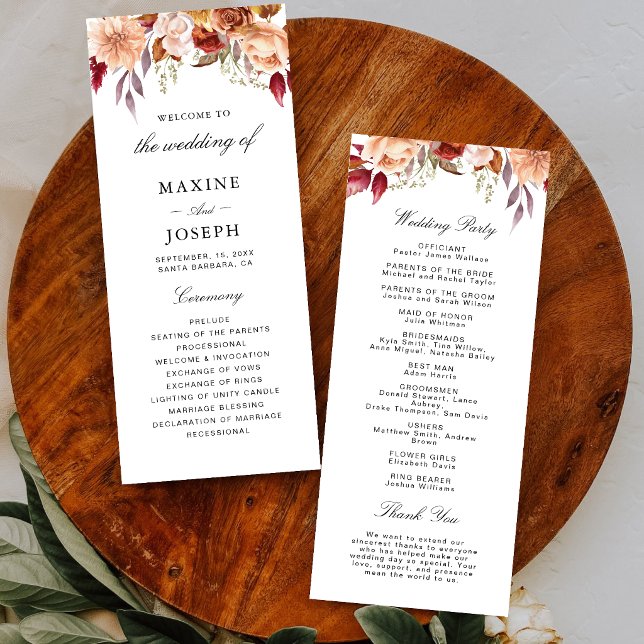 Programa Casamento Floral em Aquarela Vermelha Borgonha (Personalized burgundy floral wedding program elegantly guides guests through your ceremony.)
