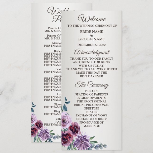Programa Casamento Floral Geométrico Aquarela Rosa Vermelho (Frente/Verso)
