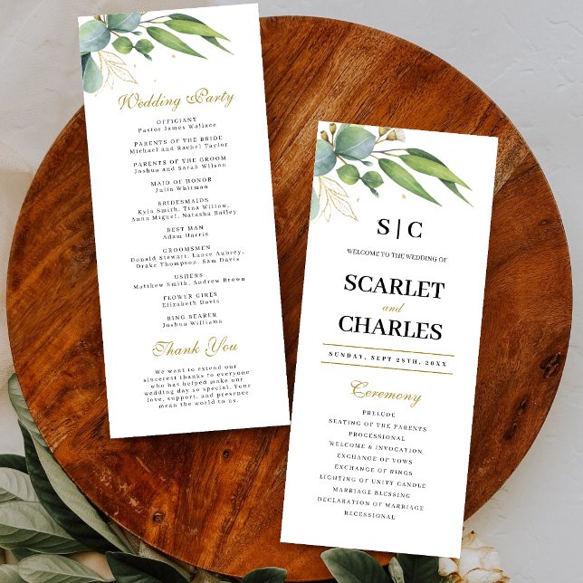 Programa Casamento Floral Geométrico de Verde de Eucalipto (Eucalyptus greenery geometric wedding program guides guests with modern botanical elegance.)