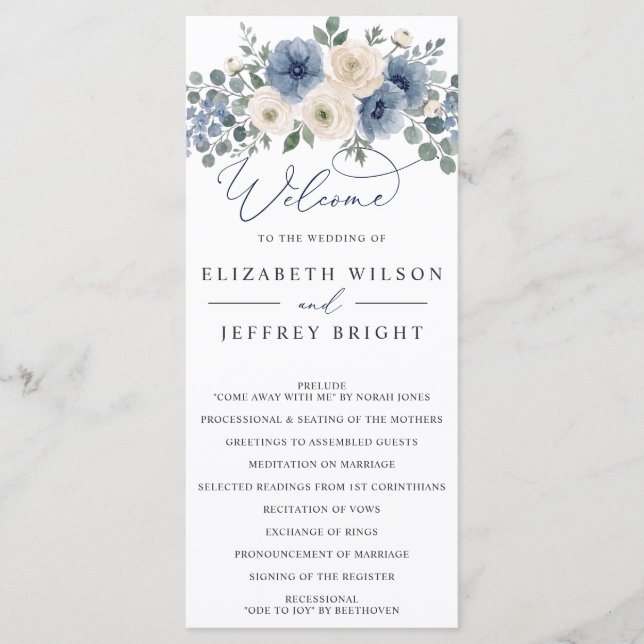 Programa Casamento Floral Moderno Azul Empoeirado Bege Rosa (Frente)