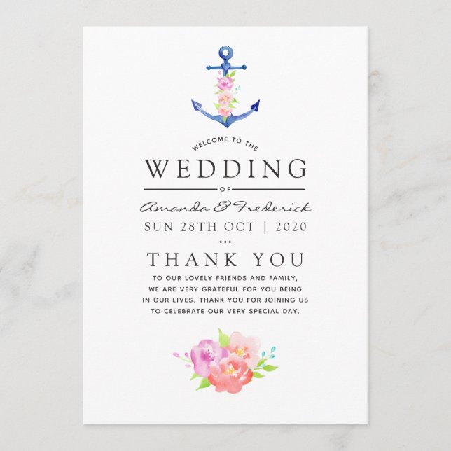 Programa Casamento Floral Náutico em Aquarela com Âncora (Frente)
