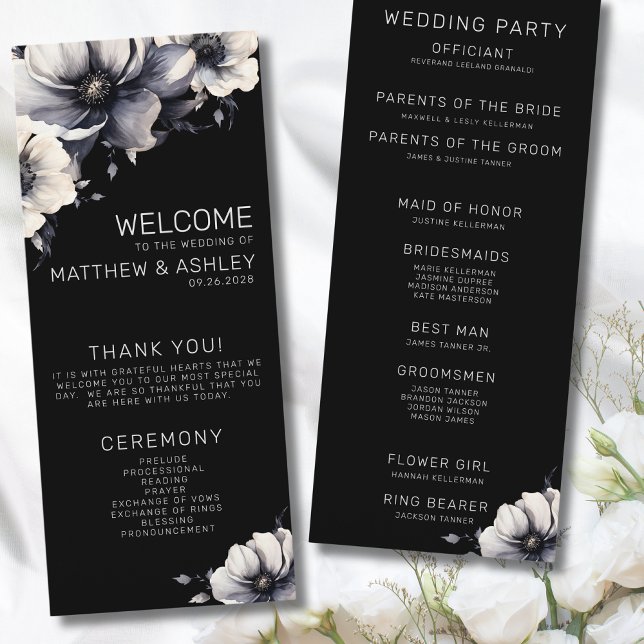 Programa Casamento Floral Negro Moderno Elegante (Elegant Modern Floral White Black Wedding Program)