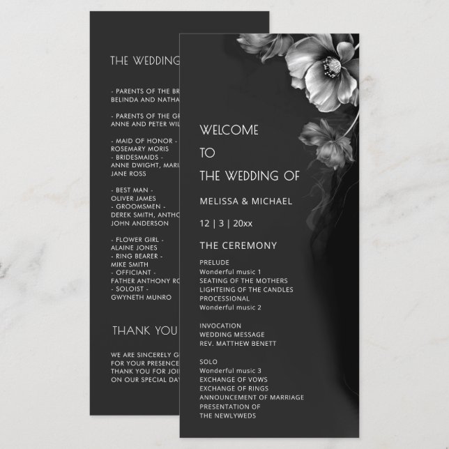 Programa Casamento Floral Preto Prata (Frente/Verso)