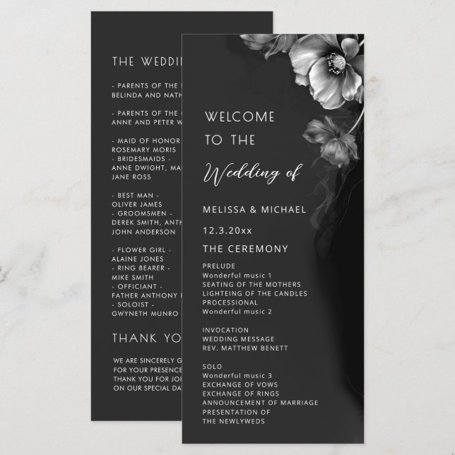 Programa Casamento Floral Preto Prata (Frente/Verso)