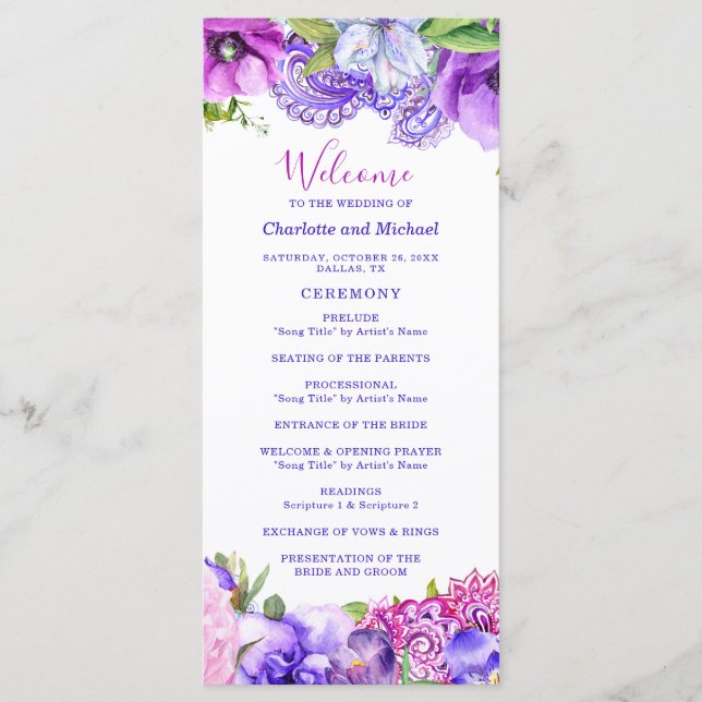 Programa Casamento Floral Purple Paisley Chic Modern Boho (Frente)