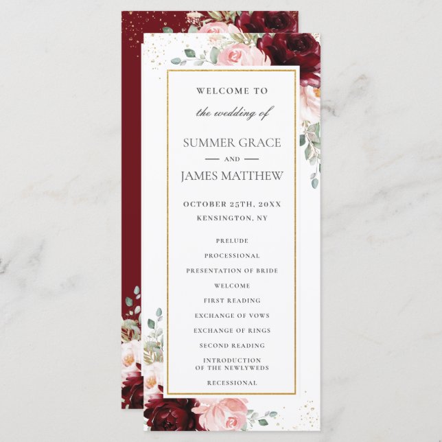 Programa Casamento Floral Rich Burgundy Red Blush Roses Ros (Frente/Verso)