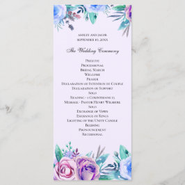 Programa Casamento floral roxo e azul. Flores de aquarela