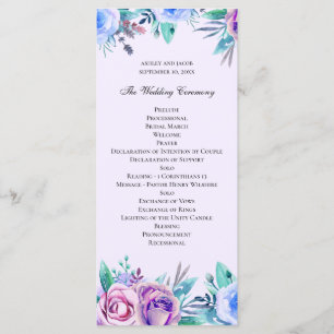Programa Casamento floral roxo e azul. Flores de aquarela