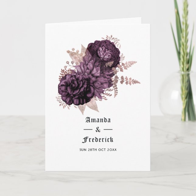 Programa Casamento Floral Roxo Escuro e Dourado Rosa (Frente)