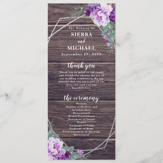 Programa Casamento Floral Rustic Barnwood Purple & Silver (Frente)