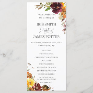 Programa Casamento Floral Rustic Burgundy Burnt Orange