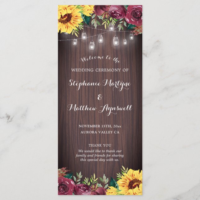 Programa Casamento Floral Rustic Sunflower Mason Jar Lights (Frente)