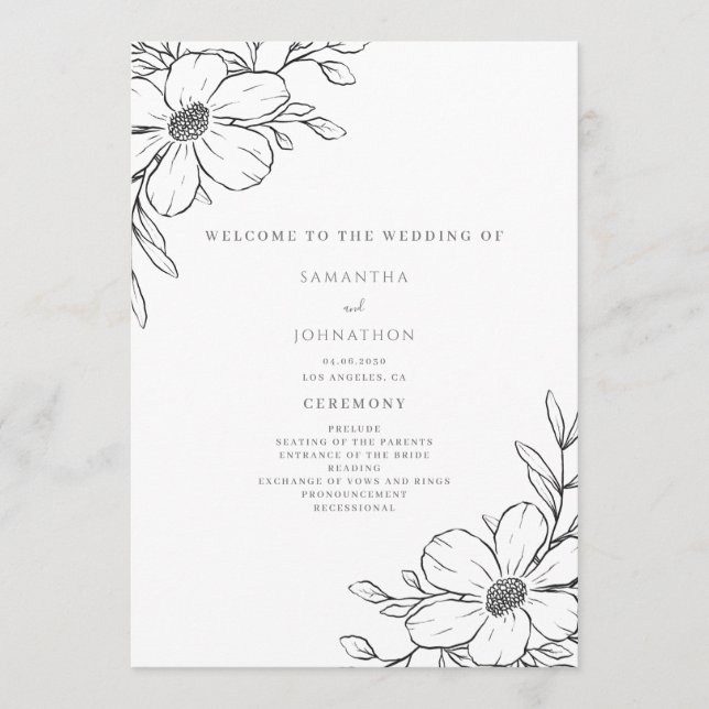 Programa Casamento Floral Simples Preto Branco (Frente)