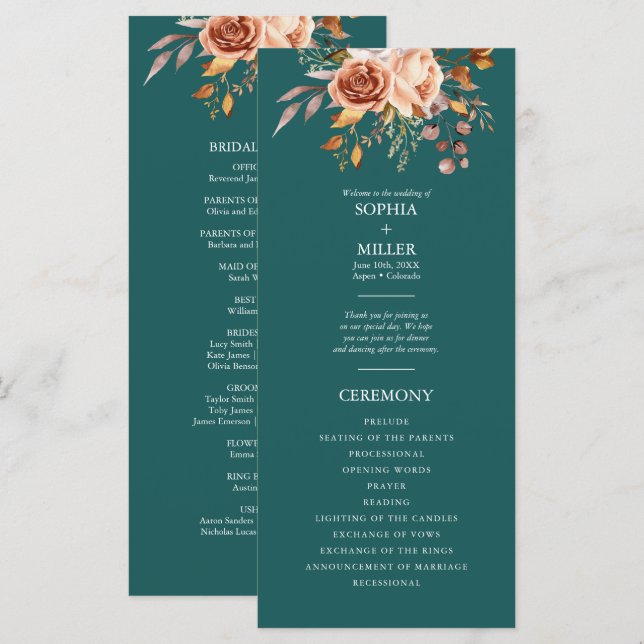 Programa Casamento Floral Terracota Aquarela Azul Outono (Frente/Verso)