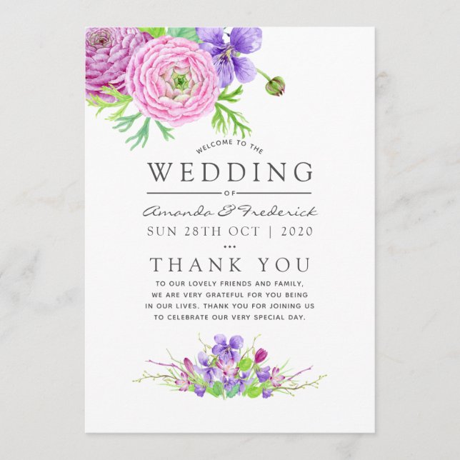 Programa Casamento Floral Violet and Plum Watercolor (Frente)